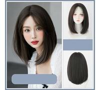 Peluca De Pelo Corto Y Liso Para Mujer, En Forma De T, Marrón Natural, Tejido A Mano, Con Raya Media, Cubierta Completa Para La Cabeza, Pelo De Fibra Química Simulada Natural