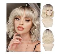 Peluca de pelo diario para mujer Peluca Bob corta sintética con flequillo Peluca rizada ondulada rubia for mujer con raíz negra Peluca Bob sintética resistente al calor natural para uso en disfraces d
