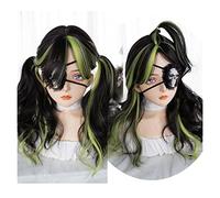 Peluca de pelo diario para mujer Peluca de cosplay verde con reflejos negros, peluca rizada de onda larga con flequillo de cortina for mujeres y niñas, peluca de Halloween de fiesta de onda sintética