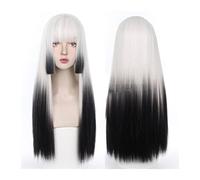 Peluca de pelo diario para mujer Peluca negra degradada blanca con flequillo limpio, peluca recta de 68 cm de largo con flequillo, peluca de Halloween de disfraz de Cosplay de fiesta sintética Natural