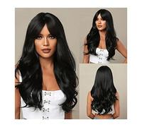 Peluca de pelo diario para mujer Peluca negra larga con flequillo, pelucas onduladas de cuerpo sintético for mujer, peluca de fibra resistente al calor rizada larga de 28 "con flequillo for cosplay di