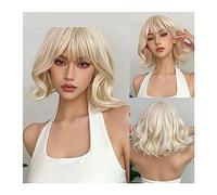 Peluca de pelo diario para mujer Peluca ondulada corta rubia platino con flequillo Bob sintético Cosplay Lolita pelucas de cabello natural for mujeres blancas resistente al calor para uso en disfraces