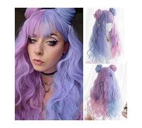 Peluca de pelo diario para mujer Peluca rizada de onda larga con flequillo y moño pequeño, peluca rizada rosa azul mezclada púrpura pelucas sintéticas Lolita Cosplay Party for mujeres niñas para uso e