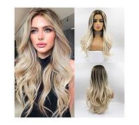 Peluca de pelo diario para mujer Peluca rubia Ombre ondulada larga for mujer Peluca sintética de parte media de 24 "Peluca de fibra natural resistente al calor con raíces oscuras for cosplay diario pa