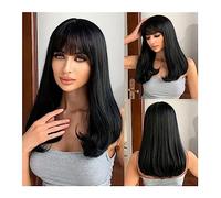 Peluca de pelo diario para mujer Peluca sintética recta negra de longitud media Pelucas de cabello negro de aspecto natural con flequillo Cabello resistente al calor for mujeres Fiesta diaria para uso