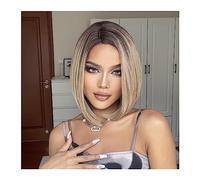 Peluca de pelo diario para mujer Pelucas de Bob marrón corto for mujer, pelo sintético liso con raíces oscuras, parte media, Cosplay diario, peluca de alta temperatura para uso en disfraces de fiestas