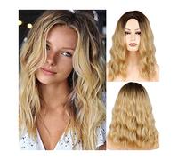 Peluca de pelo diario para mujer Pelucas de cabello corto y rizado Ombre Rubio Bob for mujer Peluca de parte media sintética de moda con raíces marrones Peluca de fibra resistente al calor ondulada la