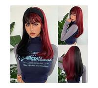 Peluca de pelo diario para mujer Pelucas de pelo sintético recto largo negro y rojo oscuro con flequillo Cosplay fiesta Halloween peluca de dos tonos for mujeres resistente al calor para uso en disfra