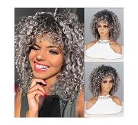 Peluca de pelo diario para mujer Pelucas rizadas afro con flequillo for pelucas sintéticas Cabello natural Peluca gris plateada Cosplay Fibra resistente al calor para uso en disfraces de fiestas y cos