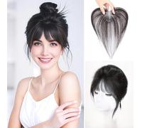 Peluca de pelo humano con clip, hecha a mano, transparente, con base de encaje completo, sin costuras, remplazo para peluca recta (7 x 11 cm, flequillo negro delgado)