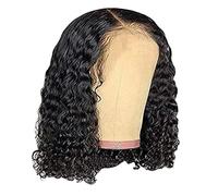 Peluca de pelo humano corto con encaje frontal Bob para mujer, con textura rizada, cabello natural prearrancado, cabello de bebé (Negro, Talla Única)