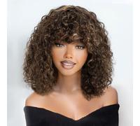 Peluca de pelo humano Fluffy Wig para mujer Wear and Go Afro Curly Bob Wig with Bangs 30,5 cm Water Wave Glueless Wigs 250% Density (F4/27, 12 pulgadas)