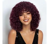 Peluca de pelo humano Fluffy Wig para mujer Wear and Go Afro Curly Bob Wig with Bangs 30,5 cm Water Wave Glueless Wigs 250% Density (99J, 12 pulgadas)