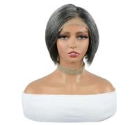Peluca de pelo humano liso gris con aspecto de sal y pimienta, sin pegamento, corte pixie de encaje 4 x 4, pelucas de encaje, color gris plateado, para vestirse y llevarse a cualquier lugar para las