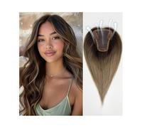 Peluca de pelo marrón ombre sin flequillo, parte de cabello humano atada a mano, 8,9 x 10,1 cm, base de encaje de seda, partes de pelo liso con clip para mujeres con cabello fino agrega volumen al