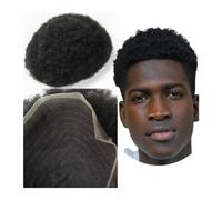 Peluca de pelo para hombre #1 tupé Afro negro azabache for hombres, 8x10 piezas de cabello, reemplazo de postizo for hombres, sistema de encaje de cabello humano Real 100% europeo Peluca para hombre