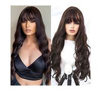 Peluca De Pelo Sintético, Pelucas Largas Onduladas De Color Negro/Marrón Con Flequillo Esponjoso Para Que Las Mujeres Usen Diariamente, Pelucas De Fibra Resistentes Al Calor De 32 Pulgadas Con Flequi