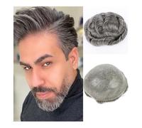 Peluca de repuesto Peluquín de cabello humano for hombres, prótesis capilar masculina, unidades europeo 6", base piel fina PU completa, piezas for, 1B negro con 65% gris y blanco Diario(7x9)
