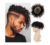 Peluca de repuesto Tupé rizado for hombres negros Sistema de reemplazo cabello humano Remy Mono encaje con PU alrededor 1B# Off Black Transpirable Afro Curl Unidad piezas for Diario(7x9)