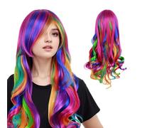 Peluca de rizos largos y coloridos, 28 pulgadas, para mujer, pelo largo, ondulado, arco iris, con gorro de peluca para uso diario, cosplay, Halloween, carnaval