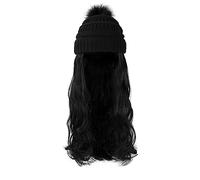 Peluca de sombrero Sombrero Peluca Pelucas onduladas largas sintéticas con boina Sombrero de punto Moda Negro Otoño Invierno Gorra Peluca de pelo Extensiones de cabello Gorro de peluca(B 22TH88)