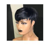 Peluca delantera de encaje Peluca corta marrón, pelucas de cabello humano color chocolate, cortas corte pixie con flequillo(Negro)