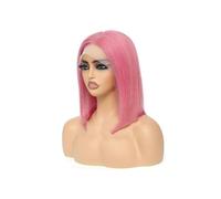 Peluca delantera de encaje Peluca de cabello humano corto color rosa, bob, 13x4, con encaje transparente, prearrancada(Hot Pink,14inches)