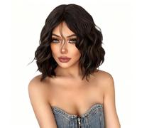 Peluca delantera de encaje Peluca ondulada corta de color marrón oscuro con flequillo for los desplazamientos diarios las mujeres