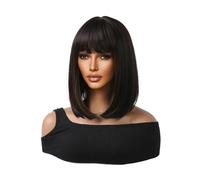 Peluca delantera de encaje Pelucas cortas y rectas de Bob, negras con resaltado marrón, peluca pelo sintético for Cosplay diario