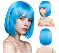 Peluca estilo Bob con flequillo plano, incluye gorra de peluca de 12 pulgadas, color azul bebé, peluca de pelo corto, fibra sintética, tamaño ajustable para mujeres y niños, disfraz de Halloween