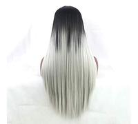 Peluca Europea Y Americana Señoras Cabello Largo Cabello Liso Degradado Peluca Gris Plata Teñida De Negro 70 Cm