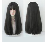Peluca Femenina De Pelo Largo Cubierta De Cabeza Completa Pelo Largo Y Liso Negro Flequillo De Aire Natural Peluca Realista De Pelo Completo