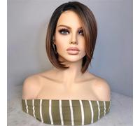 Peluca frontal de encaje sintético L parte Pelucas rectas cortas Bob Ombre cabello marrón para mujeres Parte derecha