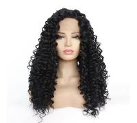 Peluca frontal de encaje sintético, pelo ondulado sin pegamento, peluca rizada negra agrega volumen al cabello(14 pulgadas)
