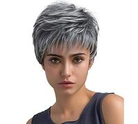 Peluca gris con flequillo, corte Pixie, pelucas de pelo corto para mujeres blancas, peluca sintética natural gris plateado, resistente al calor, pelucas completas