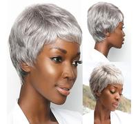 Peluca gris corta for mujeres con flequillo Pelucas grises cortas en capas Pelo corto esponjoso, Pelucas for mujeres de mediana edad y mayores, Cabello sintético natural for uso diario