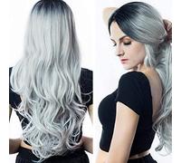 Peluca gris larga y rizada de mujeres Dos tonos marrón oscuro enraizado con pelucas de la parte media de aspecto natural resistente al calor sintético for mujeres de cosplay de cosplay de uso diario 2