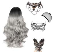 Peluca Halloween Gris Mujer, Ombre Gris Larga Ondulada Rizada, Peluca de Bruja, Collar Gótico, Máscara de Encaje Guantes de Encaje, Bueno para Halloween, Carnaval, Mardi Gras, Fiesta Temática