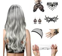 Peluca Halloween Mujer, Peluca De Halloween Para Mujer,Peluca de Halloween para mujer con joyas góticas para mujer,Máscara De Encaje Guantes De Encaje,Peluca de mujer para Halloween, Carnaval, Cosplay