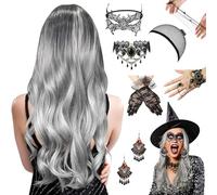 Peluca Halloween Mujer,Peluca Gris Plateada Peluca Rizada,con joyas góticas para mujer,guantes negros,ombre gris,peluca de pelo Para Uso En Fiestas Halloween Cosplay Carnaval