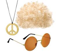 Peluca hippie y gafas de sol | Conjunto de disfraz hippie funky afro peluca con collar de lentes de sol - Kit de disfraz retro de hip hop, discoteca dorada, accesorios de discoteca para hombre de los