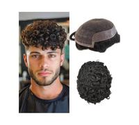 Peluca Hombre Tupé for hombre de 25 mm de cabello humano rizado con encaje francés y perímetro de PU. Prótesis capilar masculina. Peluquín para hombre(7x10)