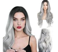 Peluca Larga Gris para Mujer 70cm Ombré, Pelucas Onduladas con Raya Media Natural, Largo Peluca Gris Mujer Sintética de Aspecto Natural para Fiestas y Cosplay, Largo Rizado, Degradado