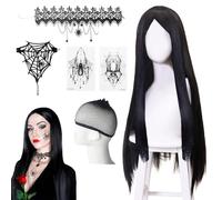 Peluca Larga Negra con Collar Gótico, 6 pcs Peluca Larga Negra Lisa, Morticia Addams Negra Peluca, Peluca Negra Larga para Cosplay, Carnaval Cosplay Peluca Negra(70 cm), para Fiesta de Carnaval