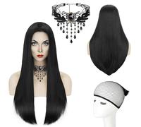 Peluca Larga Negra Lisa, Halloween Peluca Larga Negra, Peluca Larga Negra con Collar Gótico, Peluca Miercoles Addams, Peluca Miercoles Addams Niña, Pelucas Negra Larga, para Carnaval Cosplay Fiesta