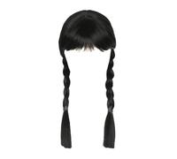Peluca Larga Negra Trenzada de Miercoles Addams con Flequillo, para Halloween, Carnaval y Fiesta Cosplay