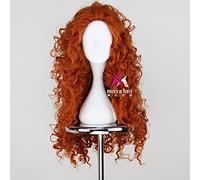 Peluca larga rizada de princesa valiente Merida de 75 cm, color naranja, accesorios de Halloween, accesorios de pelo sintético resistente al calor + gorra de peluca gratis