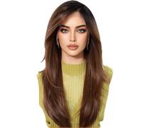 Peluca Larga Sintética Estilo Ombré (Castaño) Para Mujer, 22 Pulgadas, Encaje HD 13X6, Lisa Con Raya Central, Resistente Al Calor Y Apta Para Uso Diario.