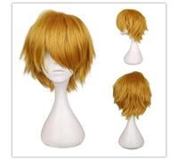 Peluca masculina Negro Púrpura Rubio Rojo Pelo corto Cosplay Disfraz de anime Pelucas de Halloween Pelo sintético con flequillo para hombres-Tierra dorada-8 pulgadas