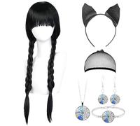 Peluca Miércoles 7 Piezas, Wednesday Peluca con Flequillo, Largo Peluca de Coletas para el Miércoles con Collar y Diadema, Disfraz de Miercoles Niña Mujer, para Cosplay Carnaval Halloween